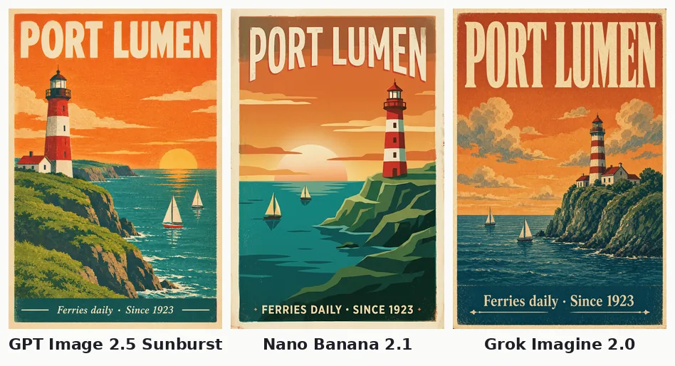 Best AI image models compared: Port Lumen travel posters from GPT Image 2.5 Sunburst, Nano Banana 2.1 and Grok Imagine Image 2.0