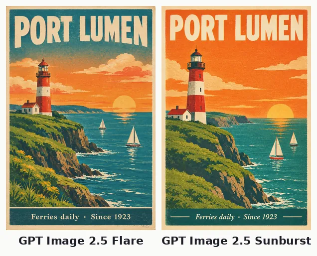 GPT Image 2.5 Flare vs Sunburst: two vintage travel posters for Port Lumen with a lighthouse and sailboats at sunset