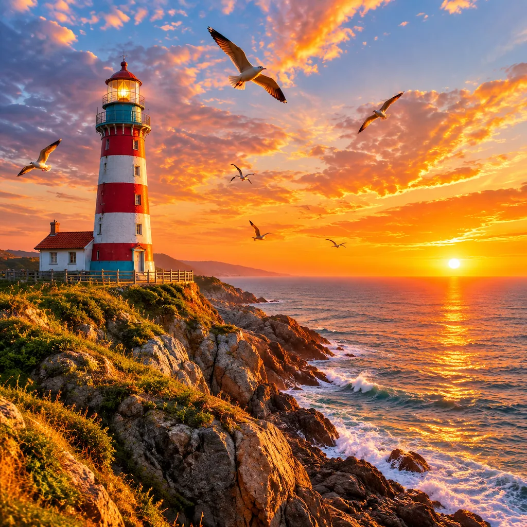 GPT Image 2 vs Nano Banana comparison sample: GPT Image 2 render of a red and white lighthouse on a rocky cliff at sunset with seagulls