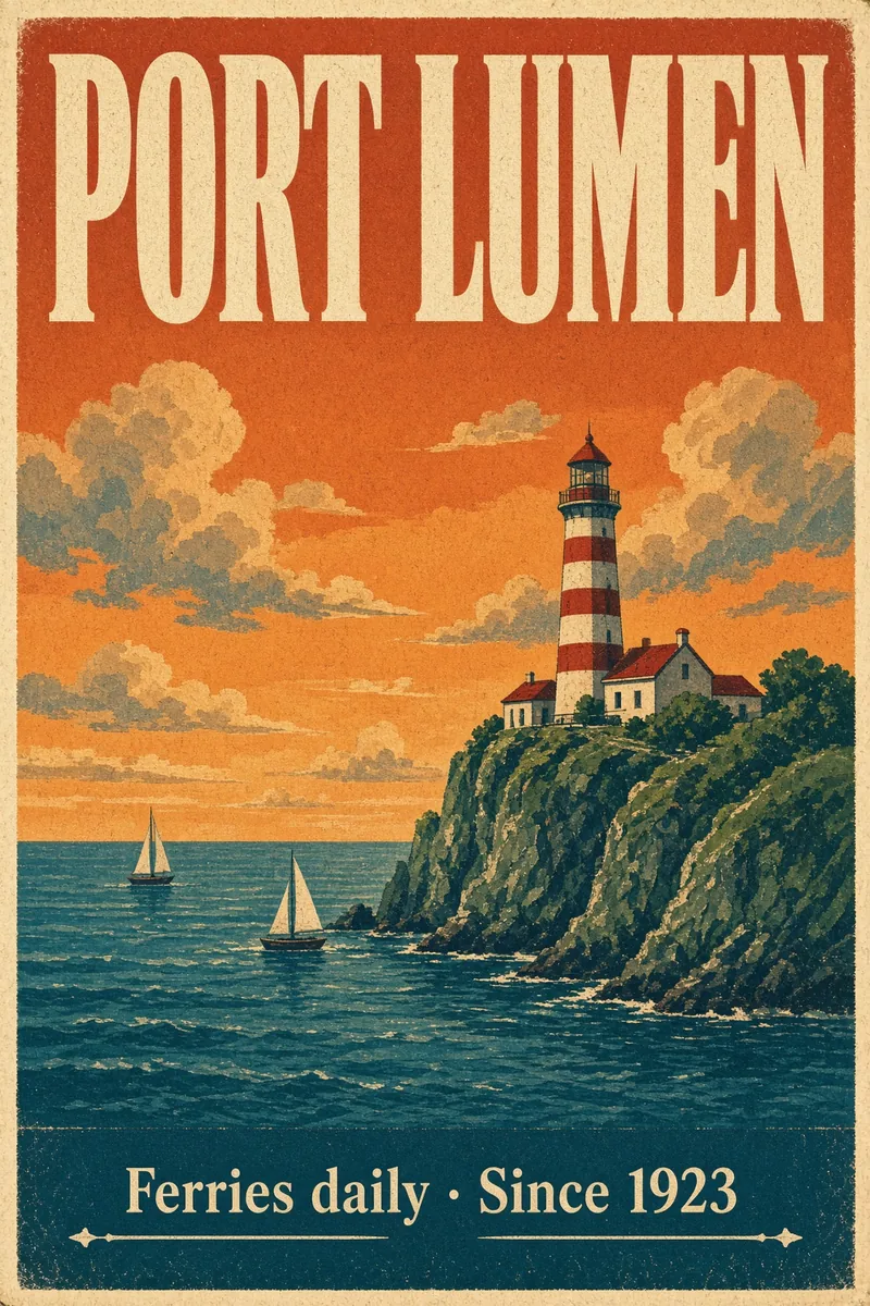 Grok Imagine Image 2.0 example: vintage travel poster reading PORT LUMEN with a lighthouse on green cliffs