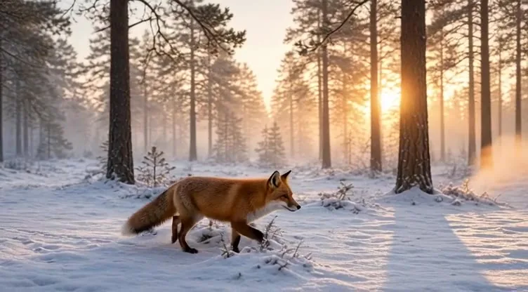 Grok Imagine Video 1.5 example frame: a red fox in fresh snow between tall pine trees at sunrise
