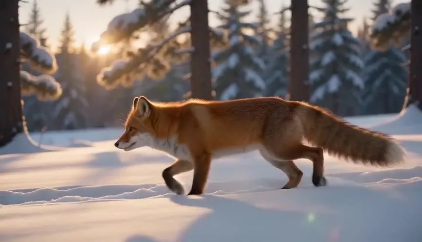 Seedance 2.0 Mini example frame: a red fox walking through deep snow in a pine forest at sunrise