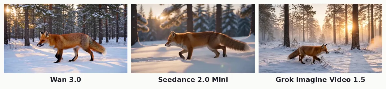Same prompt, 480p, first take on each model. Left to right: Wan 3.0, Seedance 2.0 Mini, Grok Imagine Video 1.5 Seedance 2.0 Mini vs Wan 3.0 vs Grok Imagine Video 1.5: frames from the same red fox prompt