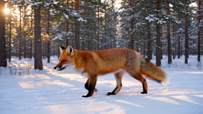 Wan 3.0 example frame: a red fox trotting through fresh snow in a pine forest at sunrise