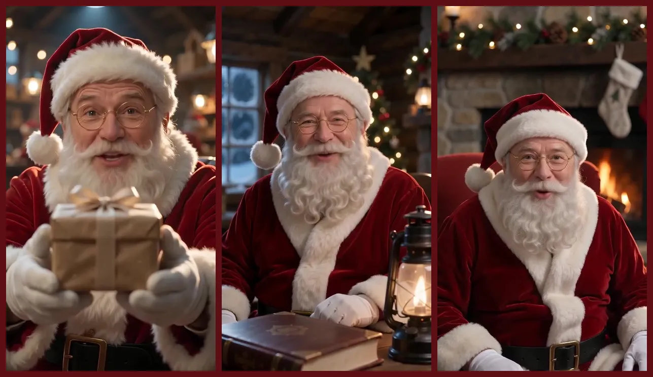 Three AI Santa video examples made with Oraclip: Santa in his workshop, at his North Pole desk and by the fireplace