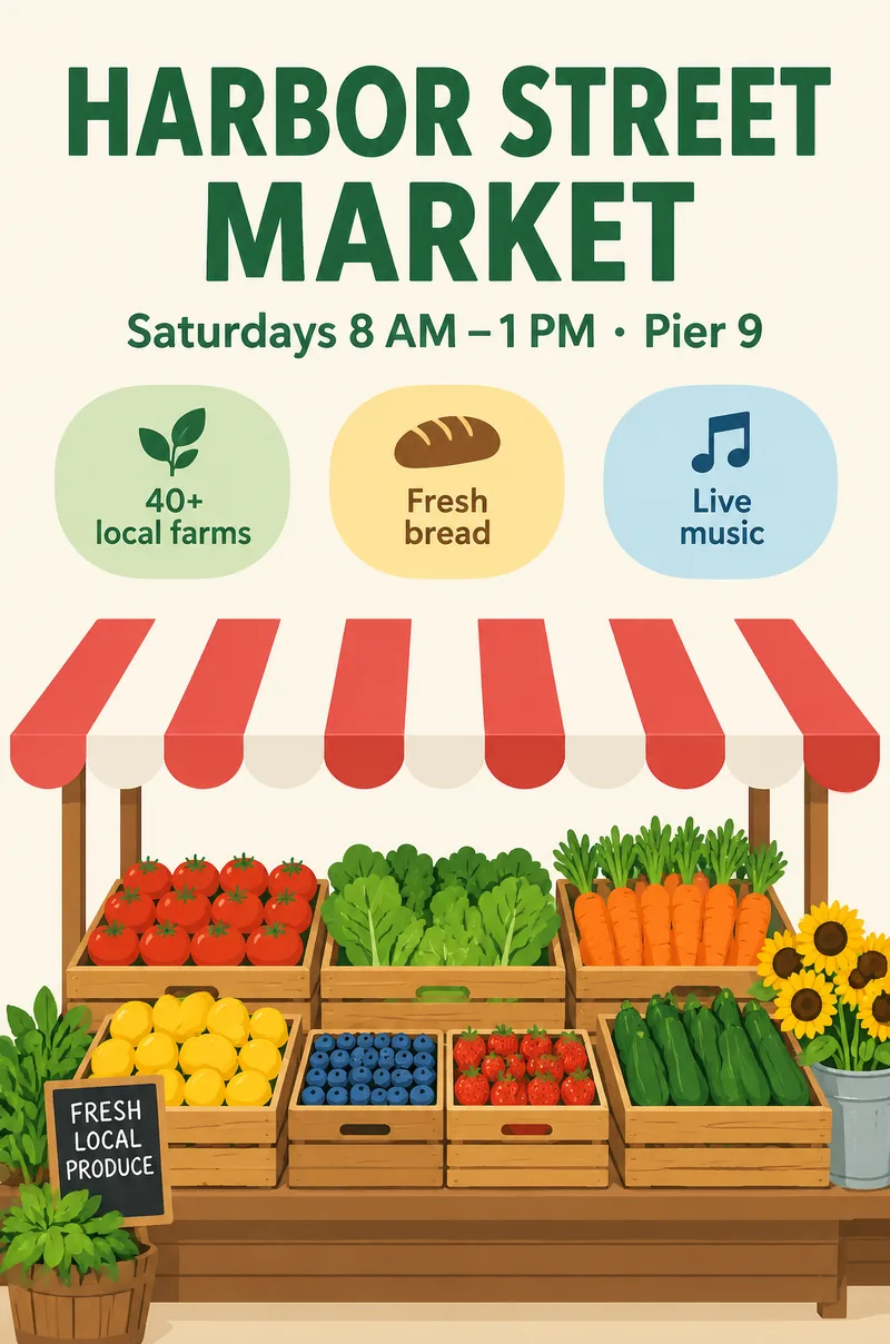 GPT Image 2.5 Sunburst as a Canva Craft alternative: Harbor Street Market flyer with three badges and a striped market awning