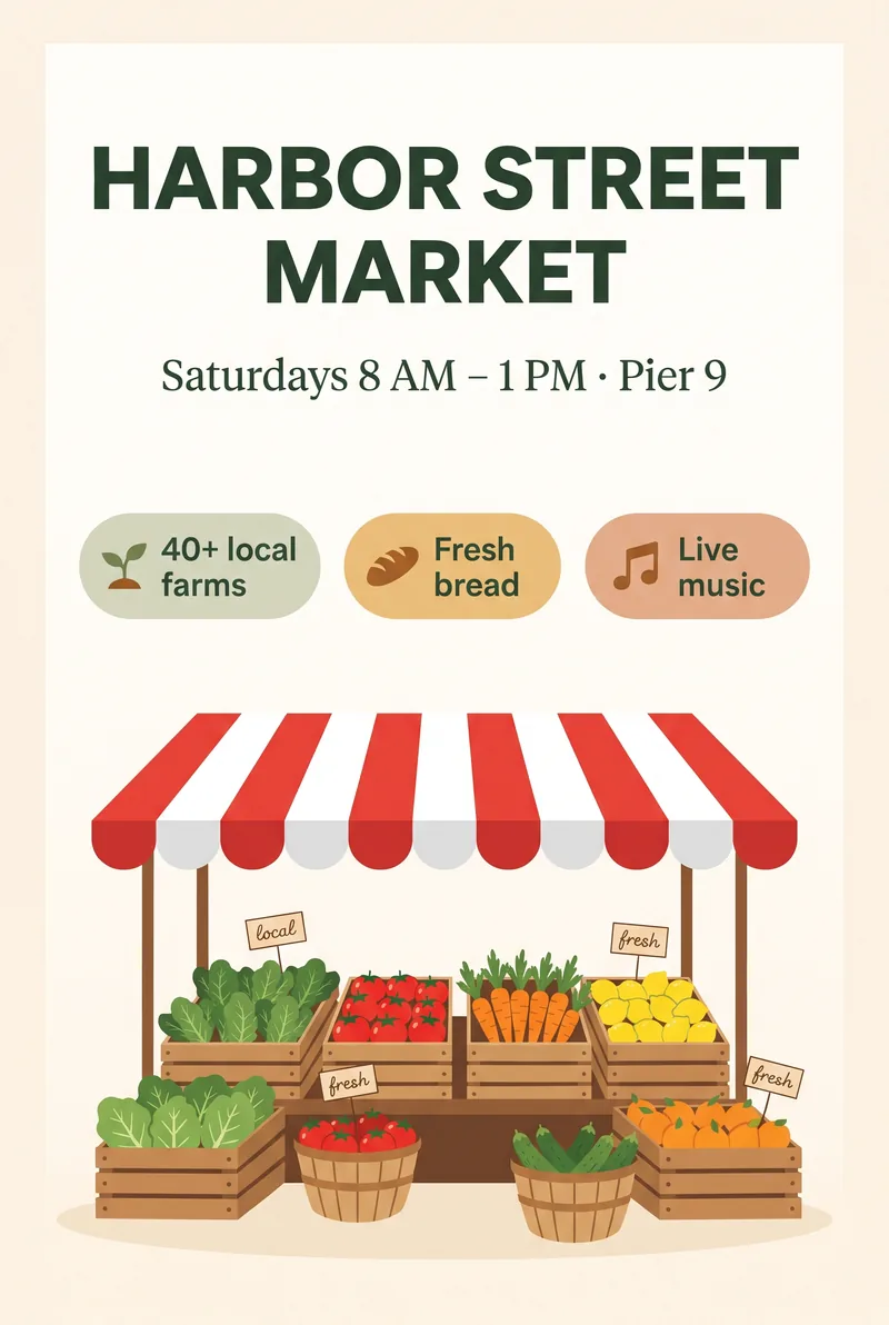 Nano Banana 2.1 as a Canva Craft alternative: a clean Harbor Street Market flyer with lots of white space