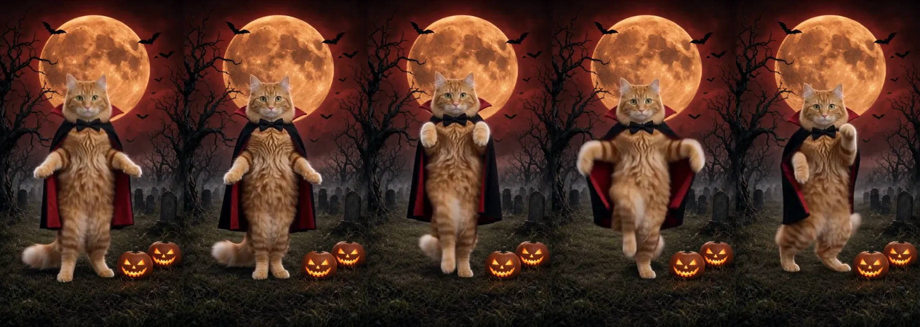 Spooky Scary Skeletons AI pet version: a ginger tabby cat in a vampire cape and bow tie dances on its hind legs under the orange moon