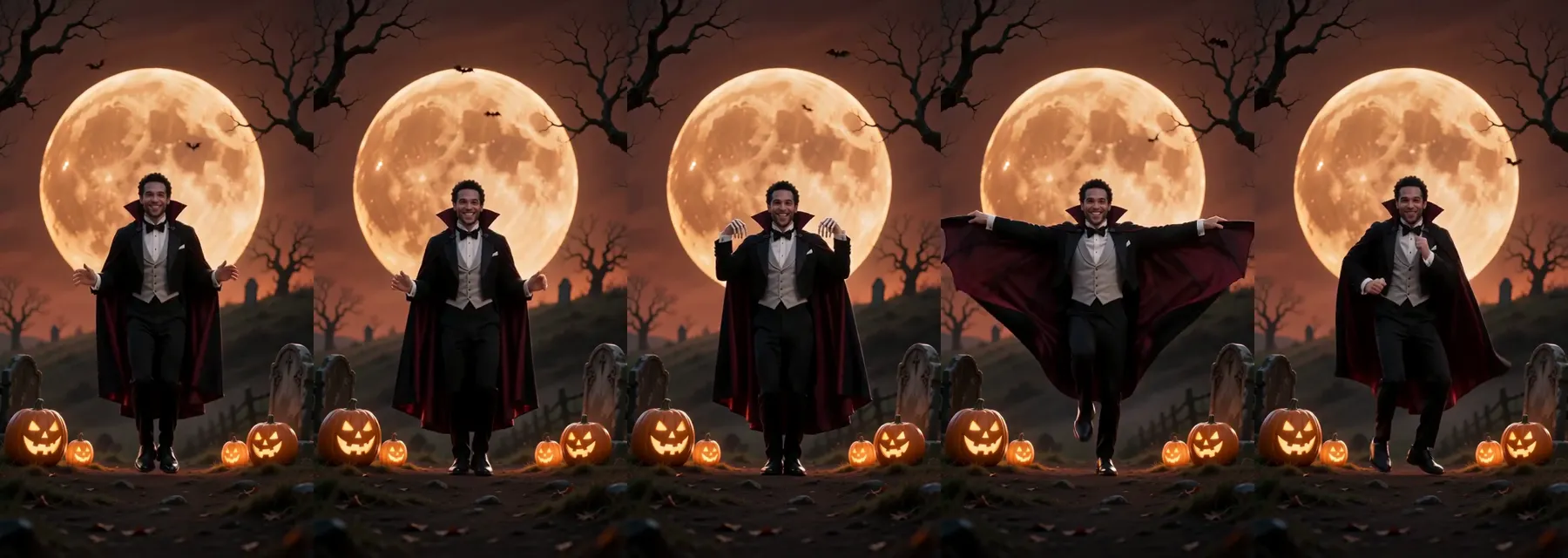 Spooky Scary Skeletons AI dance made with Oraclip: a man in a vampire cape bounces, kicks and spreads the cape like wings under an orange moon