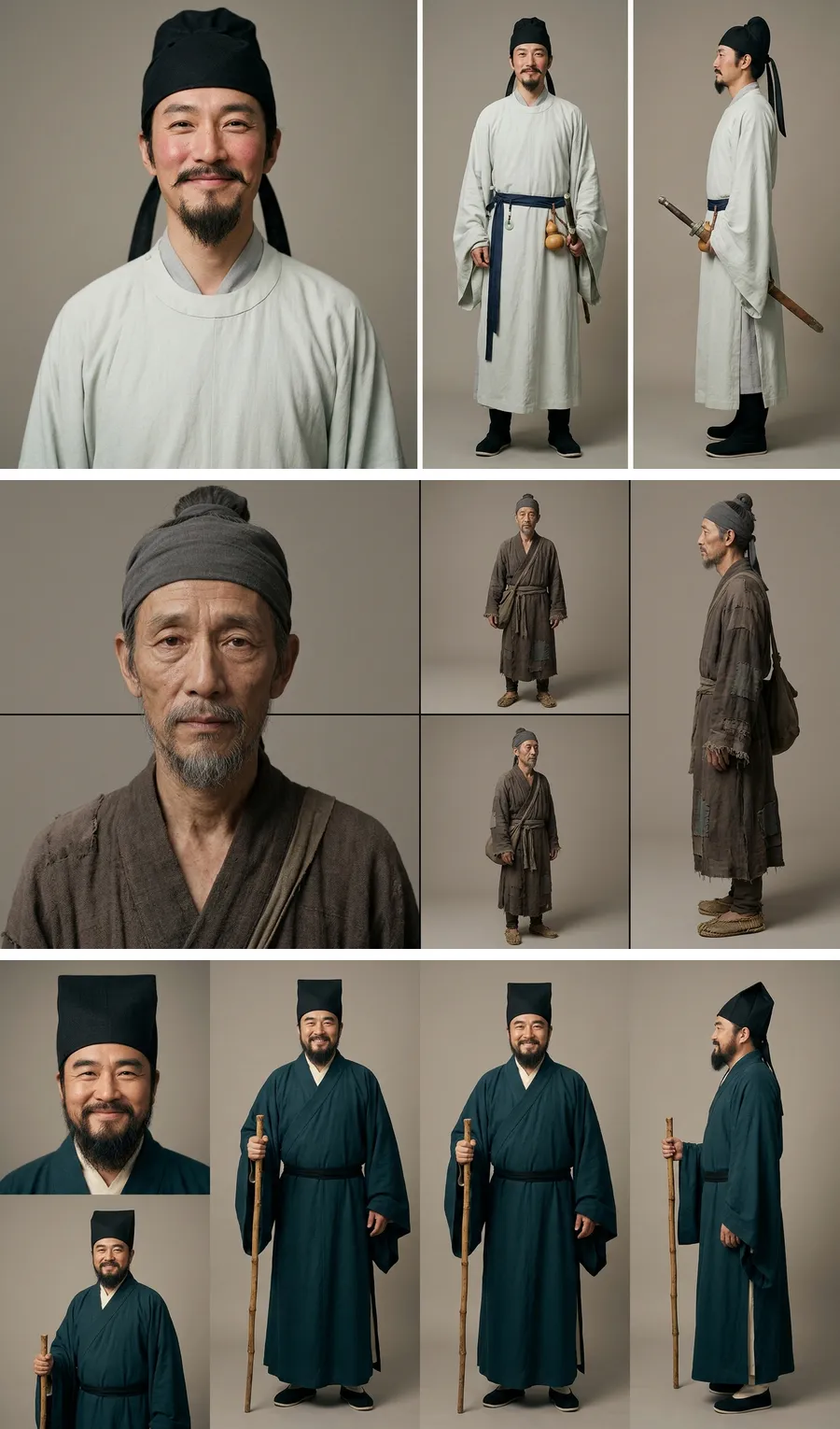 古代诗人资产图(Oraclip 免费预设) 李白、杜甫、苏轼的四视图角色资产图,用作群像 MV 的参考