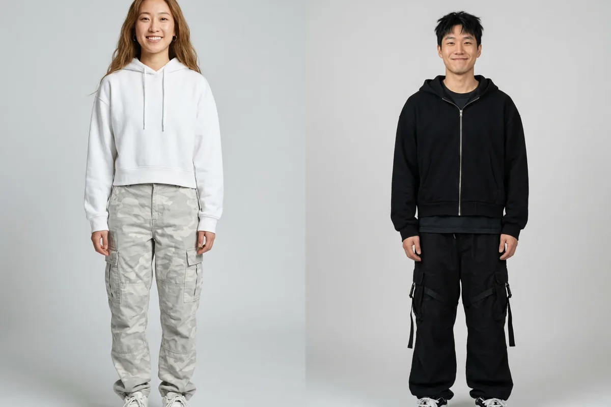 The two AI-generated sample dancers on Oraclip: a woman in a white cropped hoodie and grey camo cargos, and a man in a black zip hoodie and black cargos