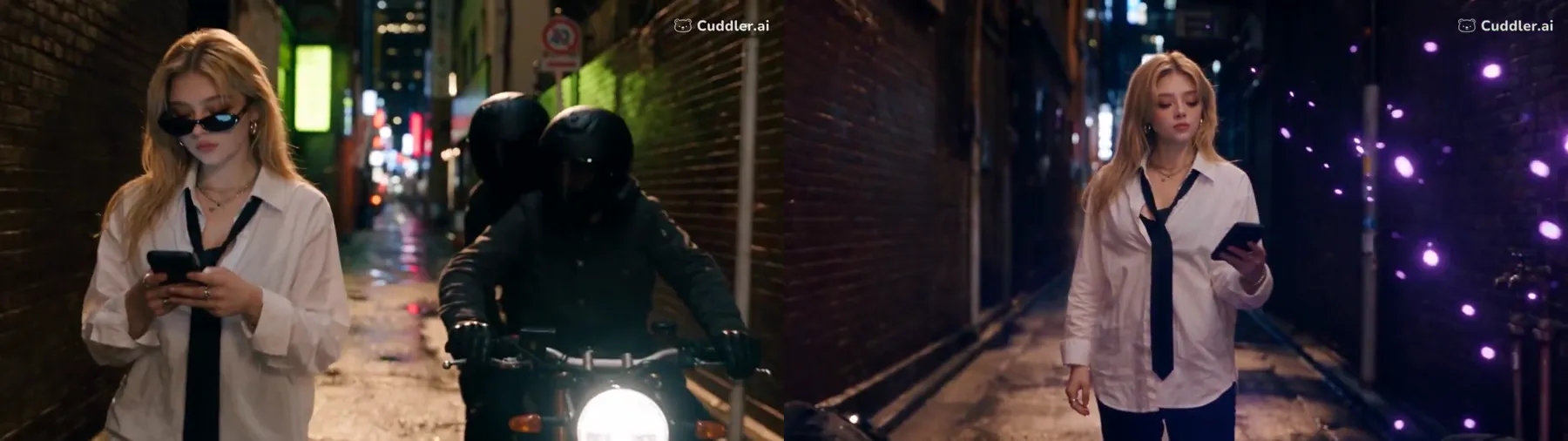 Frames from the Seedance 2.5 action clip by @Romi2656 on X (re-hosted with credit) Seedance 2.5 action scene: a blonde woman in sunglasses and a white shirt checks her phone in a neon alley as masked riders close in