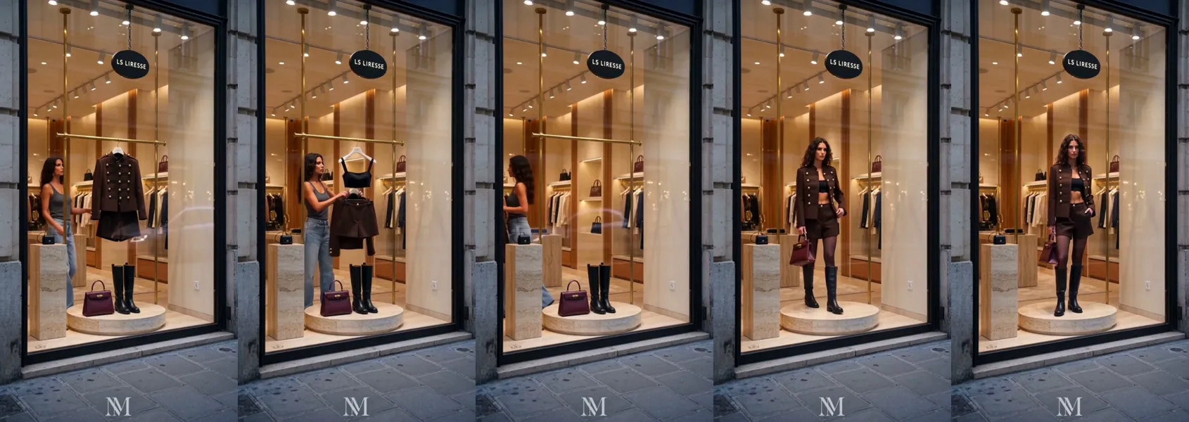 Frames from the 12-second Wan 3.0 boutique ad by @TaliaAariz on X (re-hosted with credit) Wan 3.0 fashion ad by @TaliaAariz: a night-time view through a glass boutique storefront, where a chocolate-brown outfit on display comes to life on a model