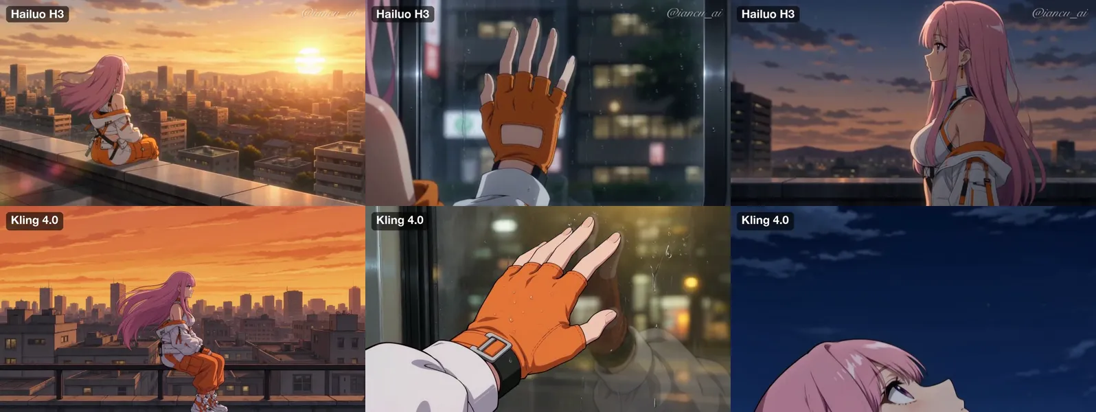 Same prompt and character sheet, Hailuo H3 (top) vs Kling 4.0 (bottom). Clip by @Iancu_ai on X, re-hosted with credit. Hailuo H3 vs Kling 4.0 anime test by @Iancu_ai: the same violet-haired anime girl on a rooftop at sunset, top row Hailuo H3, bottom row Kling 4.0