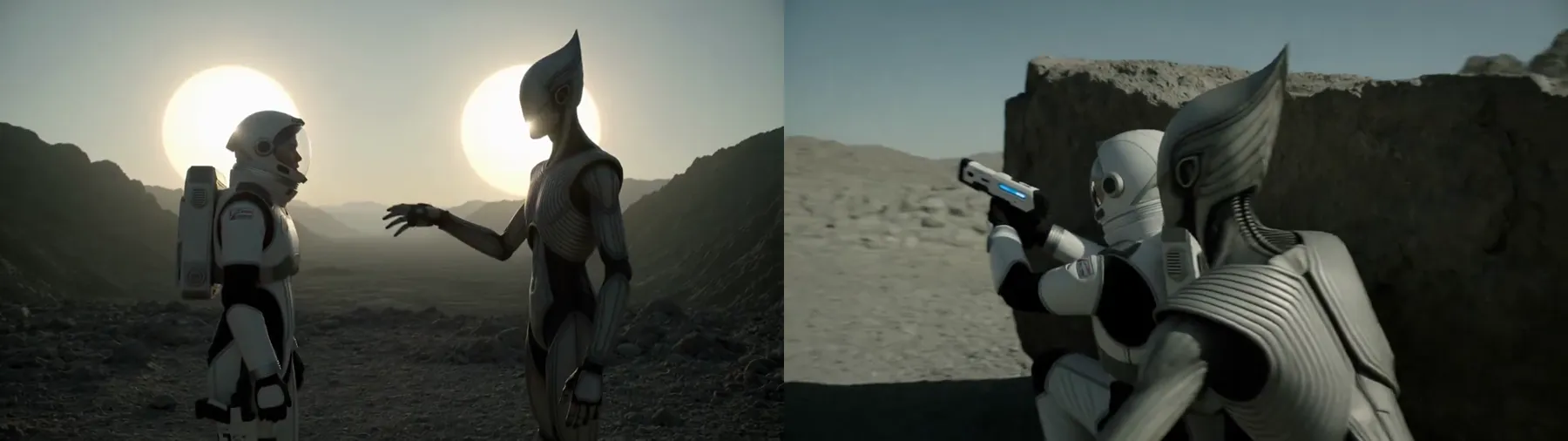 Frames from the Kling 4.0 clip by @Alin_Reaper05 on X (re-hosted with credit) Kling 4.0 sci-fi scene: an astronaut and a tall biomechanical alien face each other under two glowing suns, then take cover behind rocks