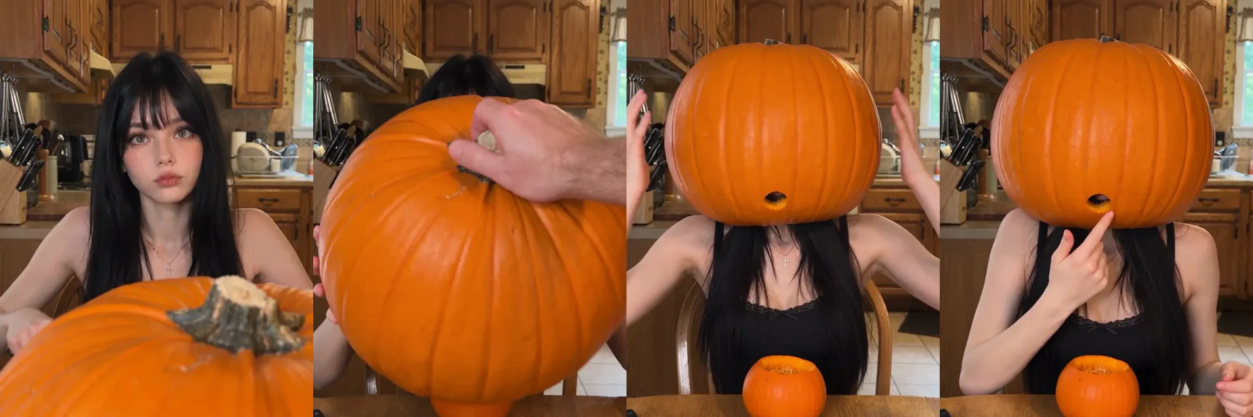 Frames from the 10-second Seedance 2.5 skit by @Nyxelarm on X (re-hosted with credit) Seedance 2.5 comedy skit: a young woman at a kitchen table is handed a carved pumpkin, puts it on her head and finds only a mouth hole