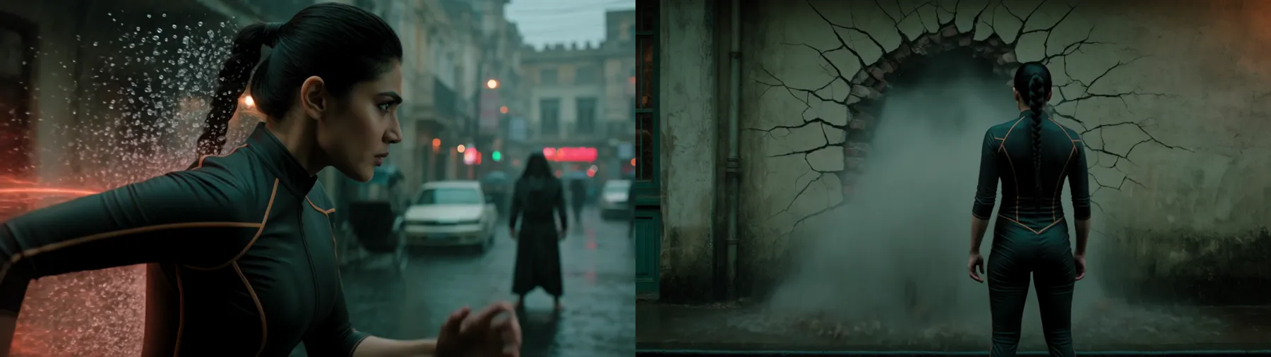 Frames from the Kling 4.0 clip by @bmx_ai13 on X (re-hosted with credit) Kling 4.0 superhero chase: a speedster in a dark suit races through a wet, neon-lit South Asian street at night