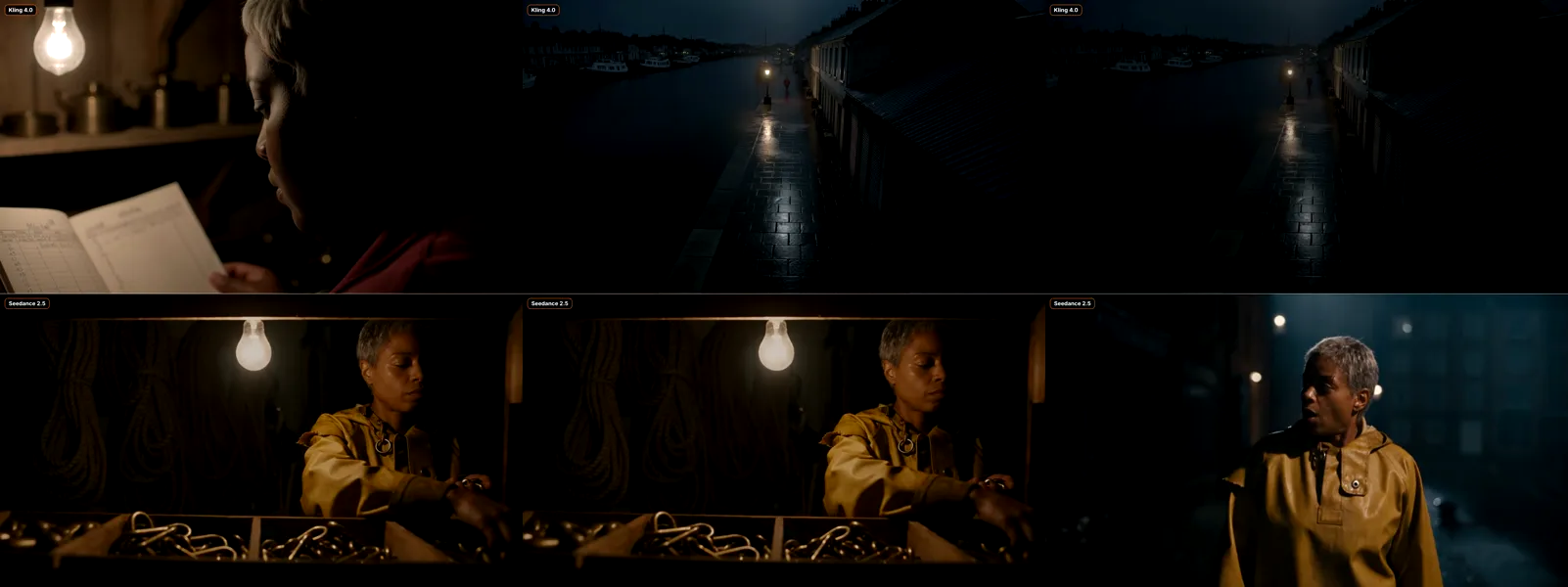Three moments from the 61-second side-by-side by @sebatheepan on X (re-hosted with credit) Kling 4.0 vs Seedance 2.5 character consistency test: a woman with cropped silver-grey hair in a ship chandlery at dusk and on a wet quay at night