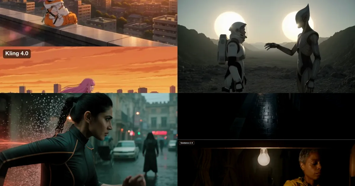 Kling 4.0 vs Seedance 2.5 and Hailuo H3 prompt tests from X: anime rooftop, alien first contact, monsoon chase and a quay at night