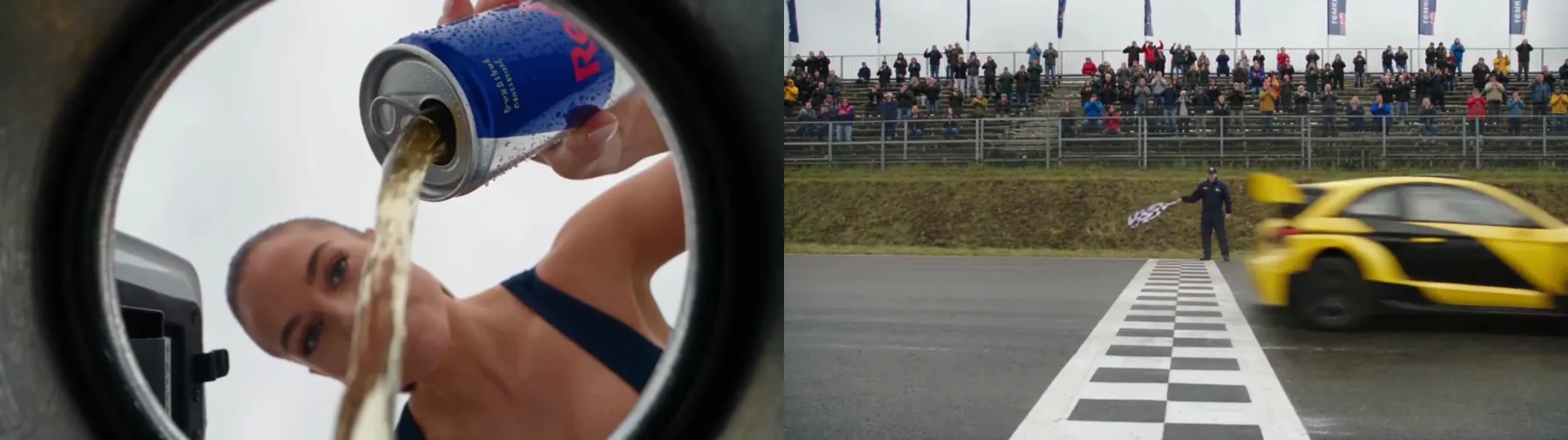 Frames from the 30-second Seedance 2.5 ad by @YourAlphaMom on X (re-hosted with credit) Seedance 2.5 rallycross commercial by @YourAlphaMom: an energy drink is poured into a white car, then a yellow car crosses a checkered start line in front of spectators