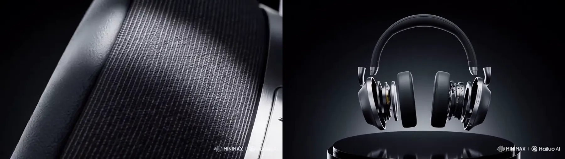 Frames from the MiniMax H3 product video by @LudovicCreator on X (re-hosted with credit) MiniMax H3 product showcase by @LudovicCreator: a macro view of a headphone ear cushion, then black over-ear headphones on a glossy pedestal
