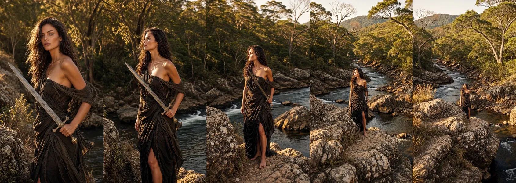 Frames from the Grok Imagine clip by @MrDasCreates on X (re-hosted with credit) Grok Imagine image-to-video: a woman with a sword stands on river rocks, then the camera pulls far back to reveal a wild forest valley