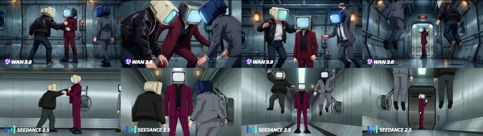 @baskojpeg 在 X 发布的同提示词对比:上 Wan 3.0,下 Seedance 2.5,署名转载 @baskojpeg 的 90 年代日漫 AI 视频对比:飞船走廊里的电视头角色,上为 Wan 3.0,下为 Seedance 2.5