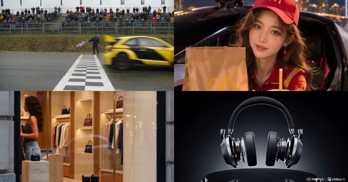 AI product ad examples: a rallycross start line, a POV food delivery, a boutique window ad and headphones on a pedestal