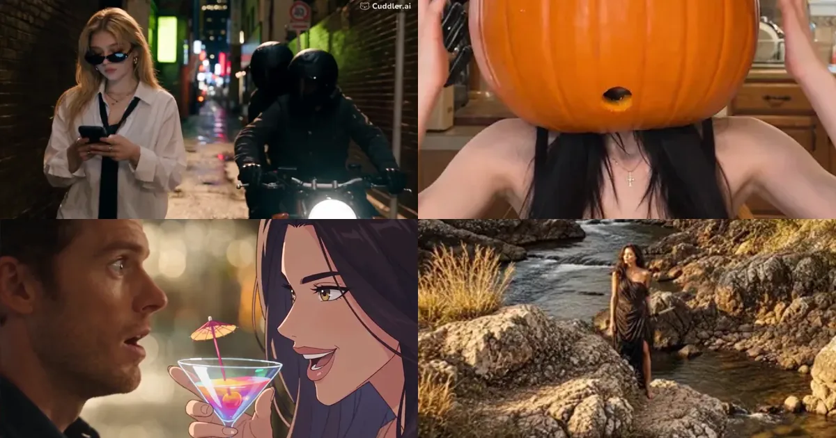 Seedance 2.5 prompt examples: a neon-alley action heroine, a pumpkin skit, a live-action and manga bar scene, and a drone reveal