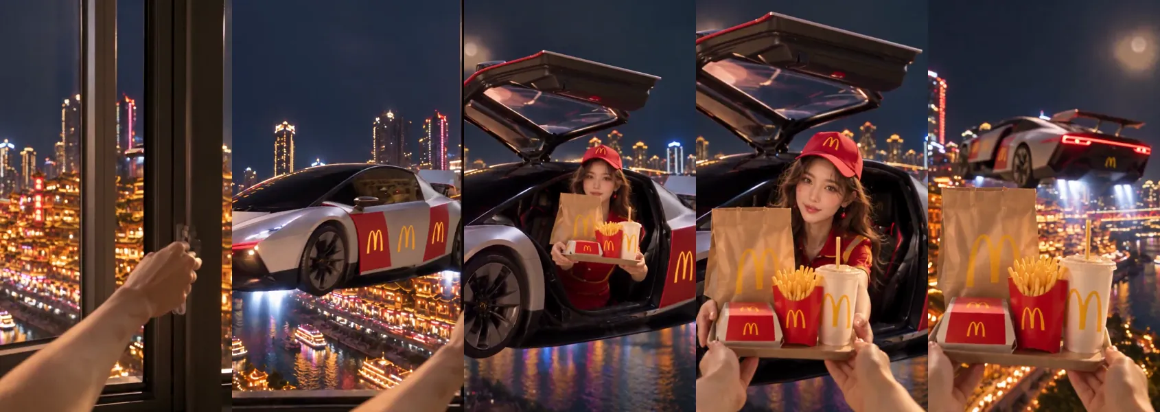 Frames from the 10-second Seedance 2.5 POV ad by @ImaStudio_ai on X (re-hosted with credit) POV concept ad by @ImaStudio_ai: a courier in a red cap hovers a white roadster outside a high-rise window at night in Chongqing and hands over fries, a drink and a burger