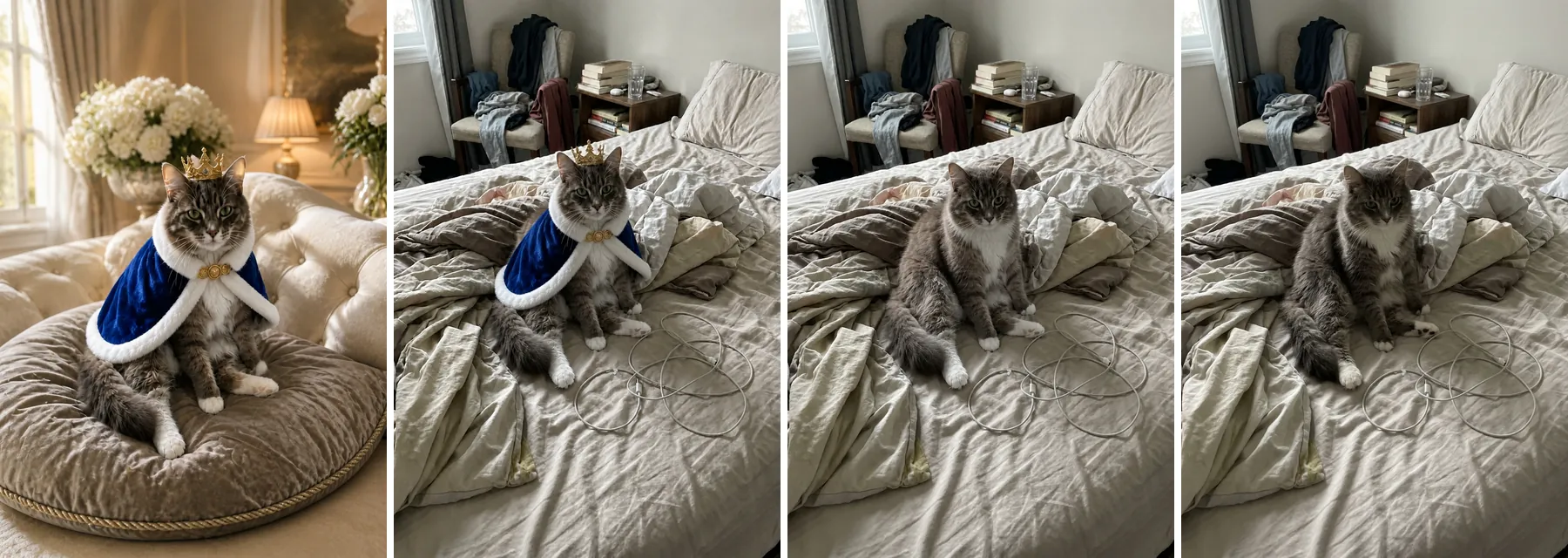 用 Oraclip 做的 I'm so sorry I lied AI 猫咪版：虎斑猫披着天鹅绒皇室披风、戴着王冠拍写真，最后是乱床上的真实猫咪