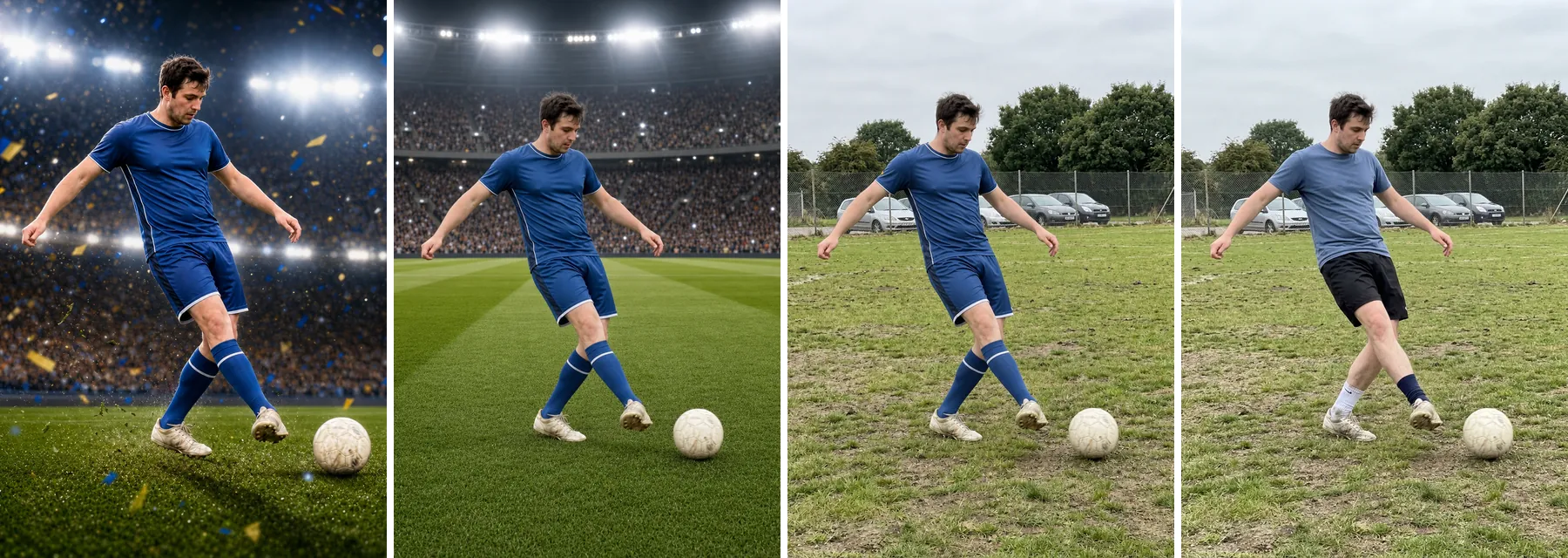 Trend perdón con IA, versión deporte, hecho con Oraclip: un futbolista en un estadio lleno con reflectores y confeti, la misma patada frente a la tribuna llena, el uniforme nuevo en una cancha de barrio y al final la foto real