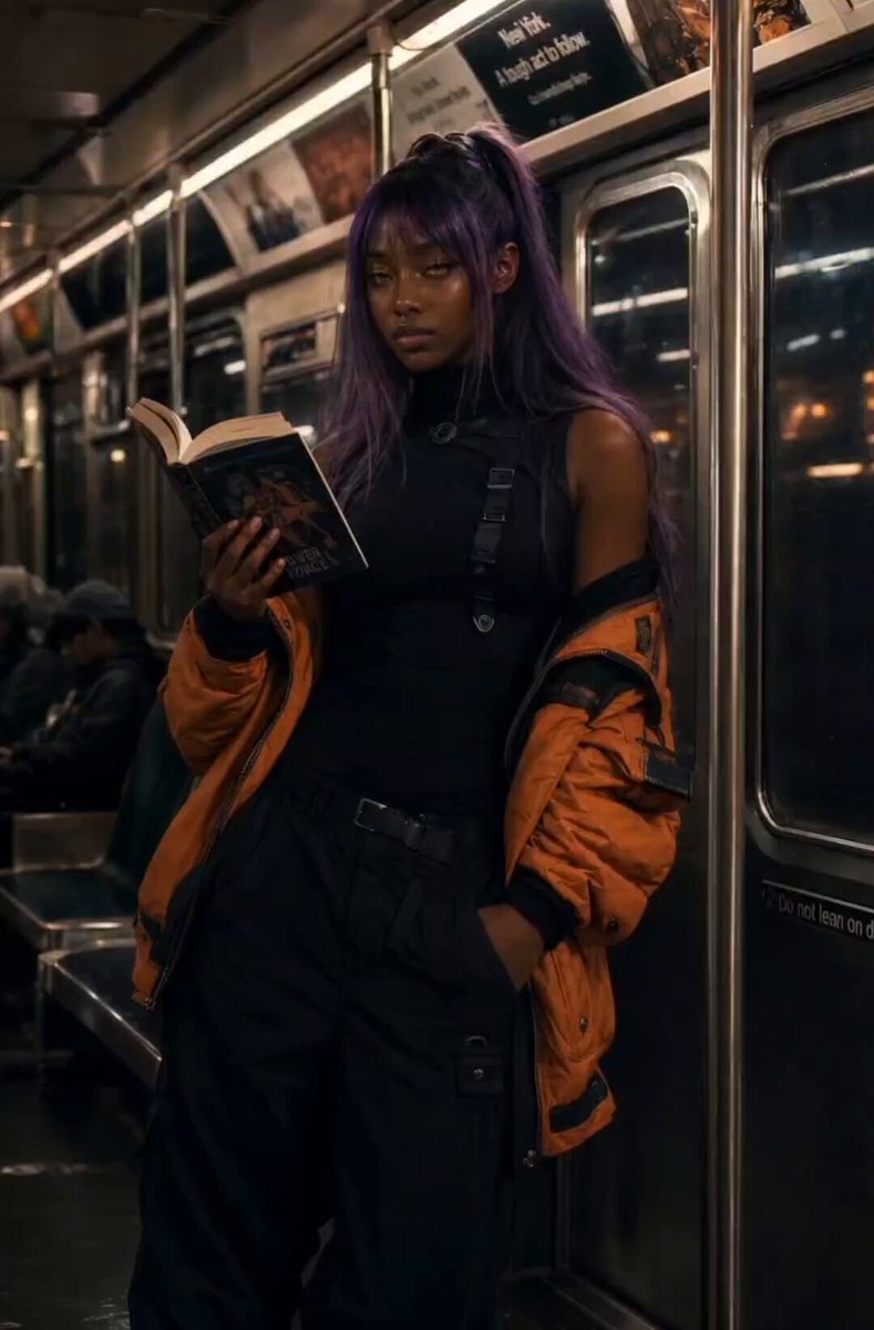 Purple-Haired Woman in Subway with Glowing Eyes