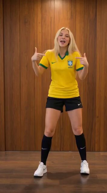 Blonde woman in Brazil kit at stadium