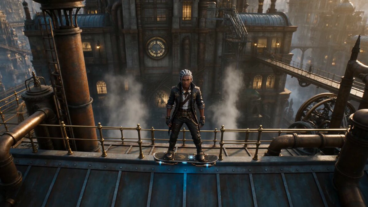 Steampunk sky city hoverboard chase