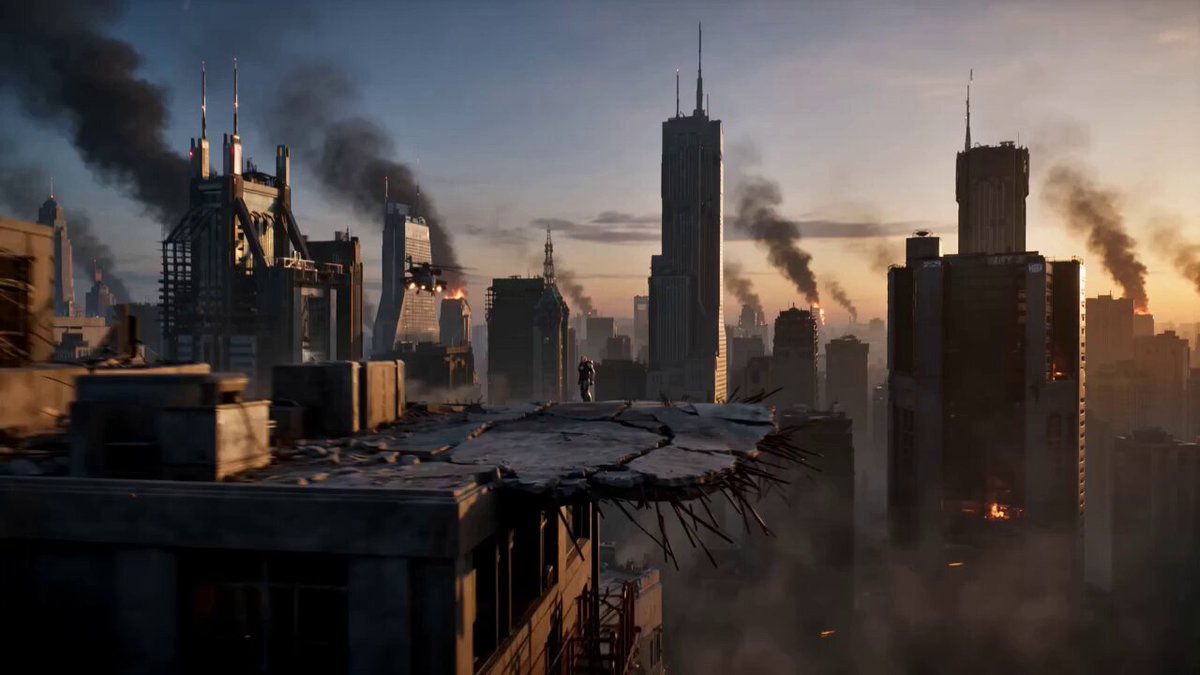 Futuristic rooftop rocket strike cinematic