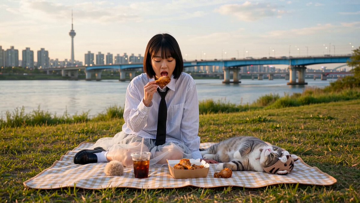 Picnic girl and tiger-hat cat