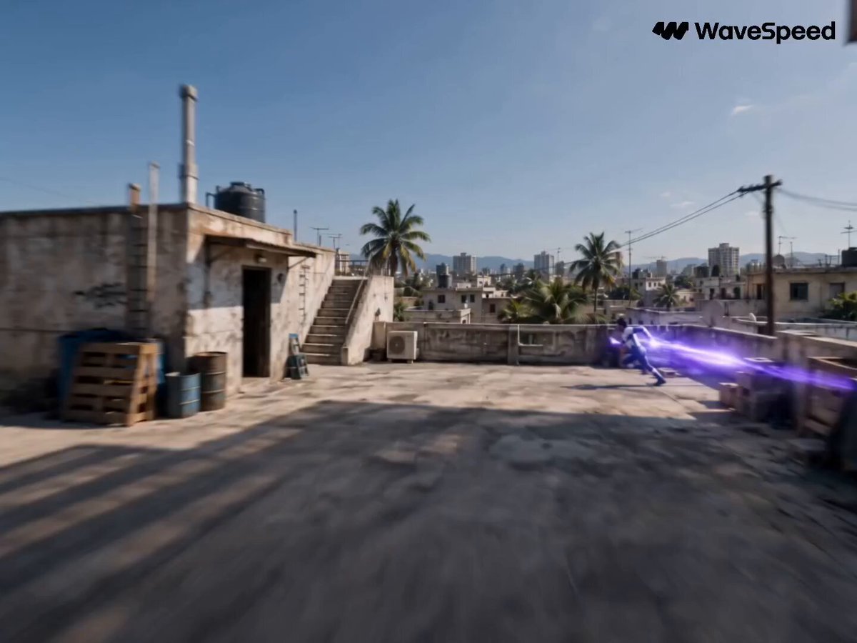 Rooftop superhero fight with purple energy