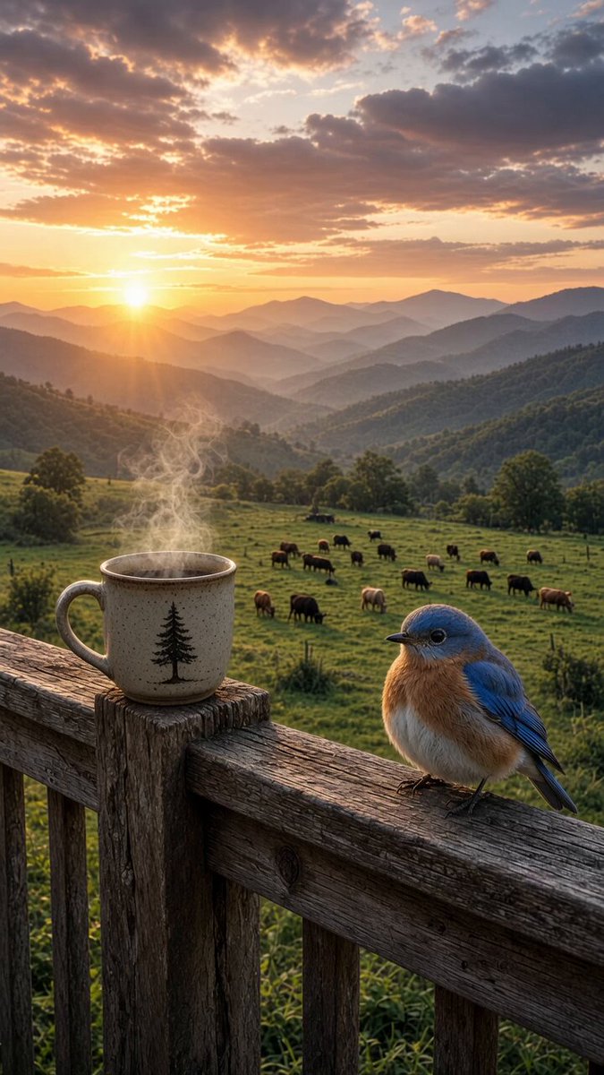 Porch coffee, bluebird, mountain sunrise
