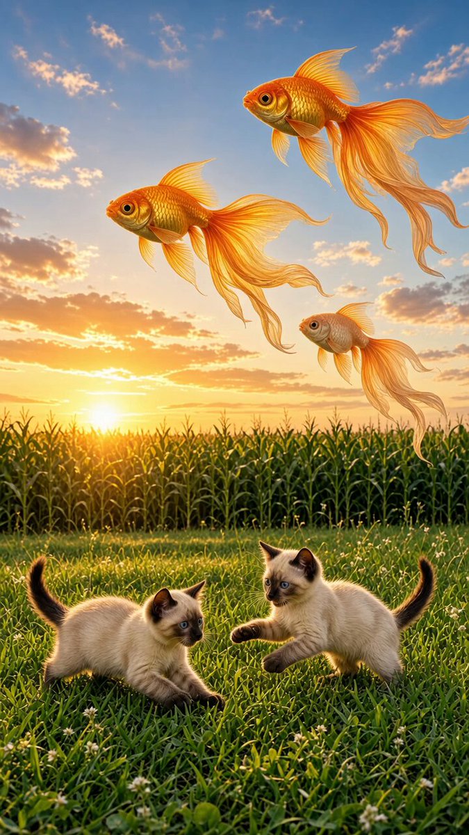 Kittens and sky goldfish in cornfield