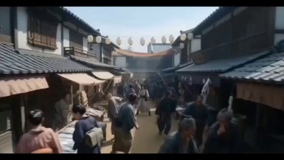 Korean girl runs through historical marketplace