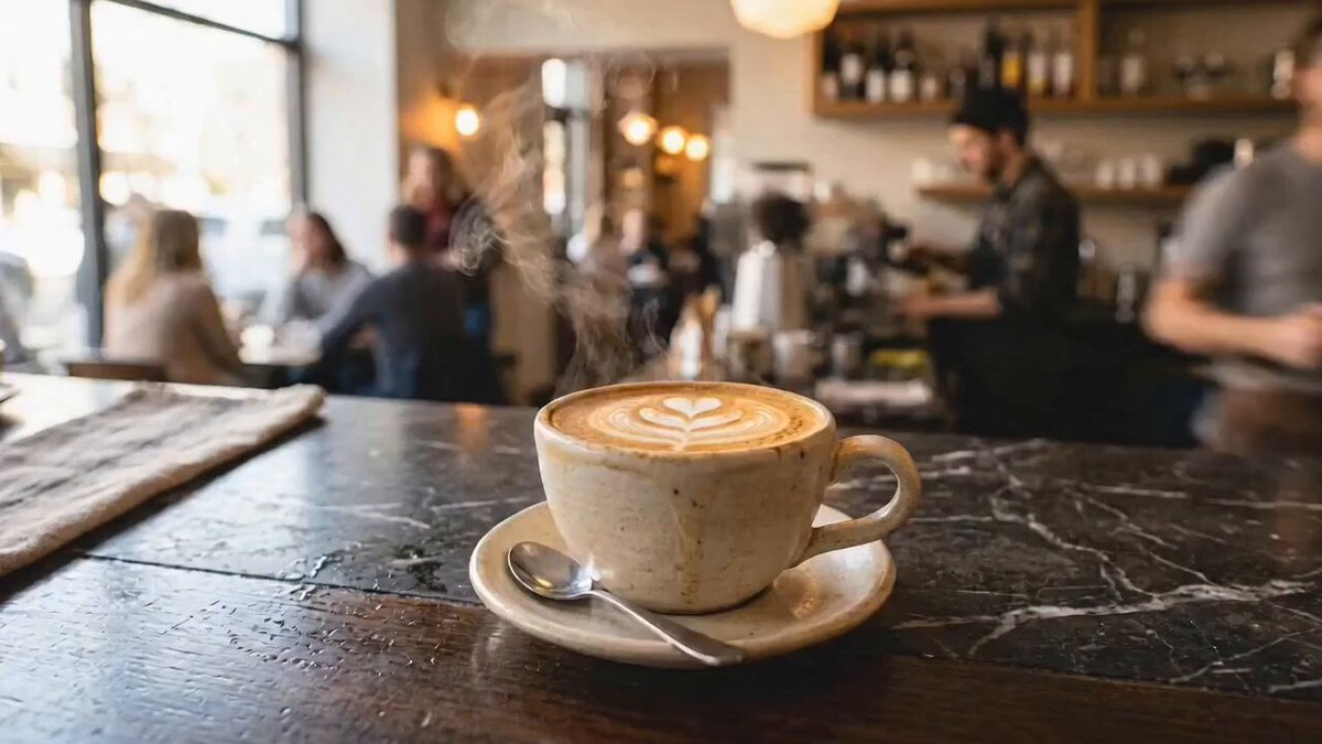 Cozy cinematic café coffee moment