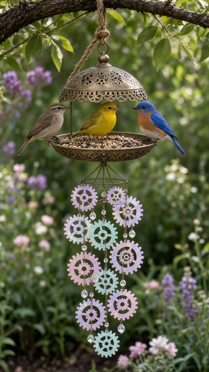 Songbirds at feeder with gear chime
