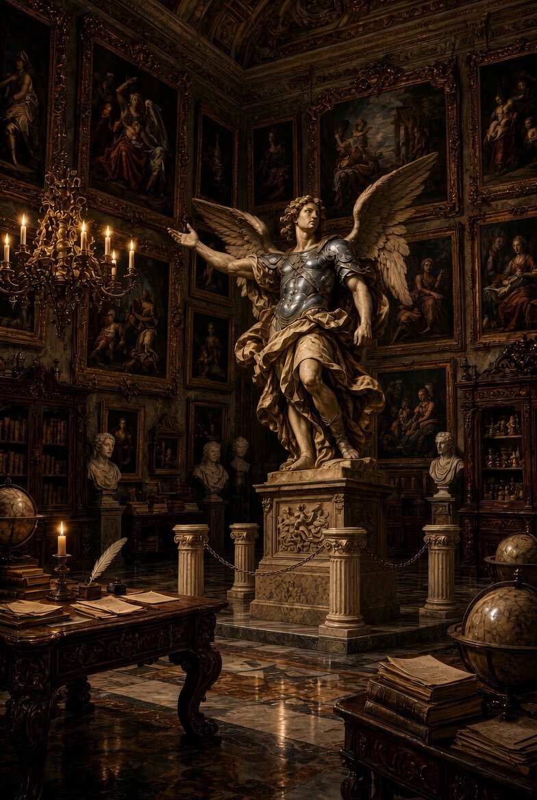 Baroque marble Archangel Michael in gallery