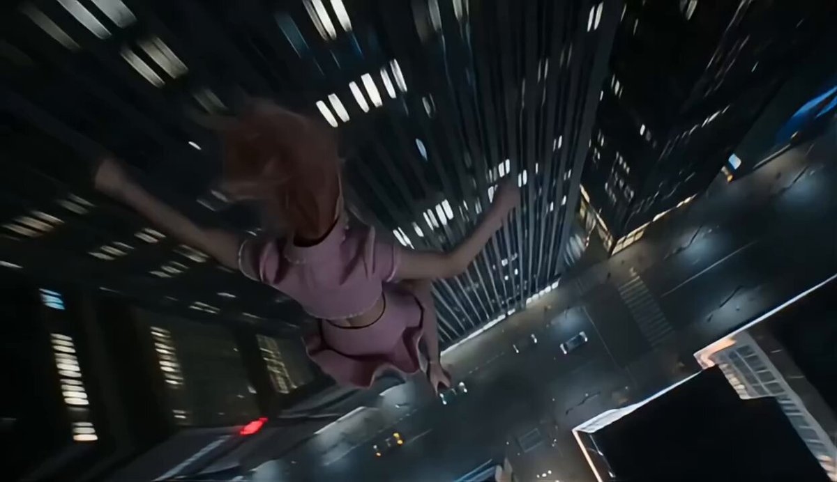 Pink-haired anime girl falls through skyscraper