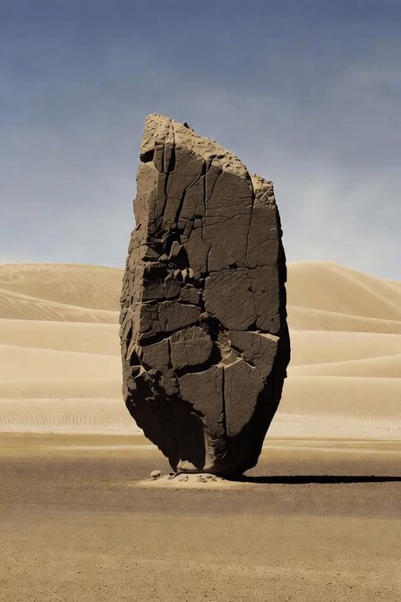 Monolith cracks, light beam rises