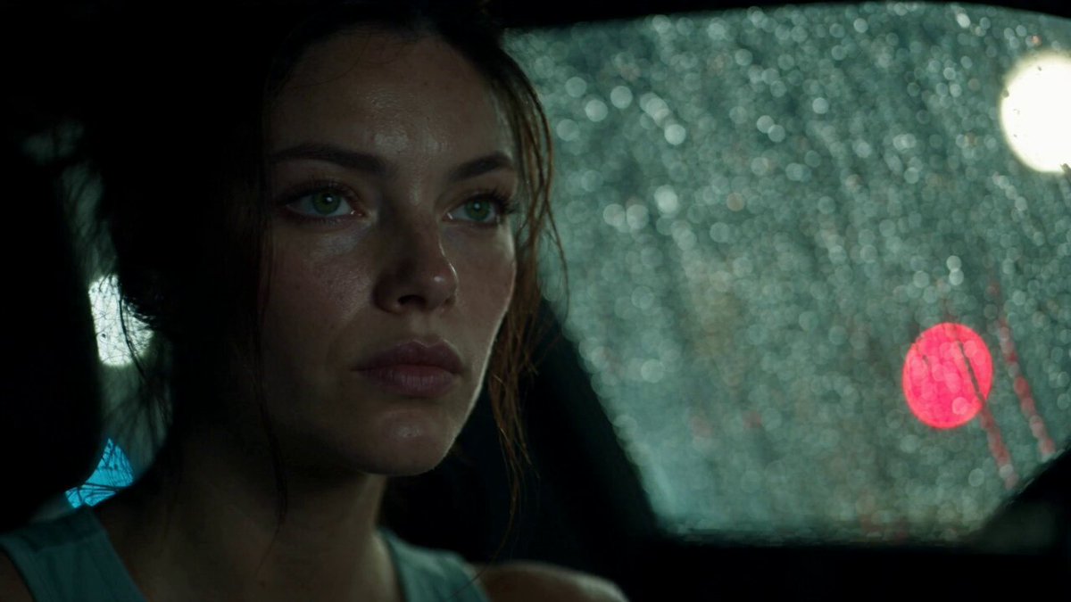 Detective watches lit window in rain