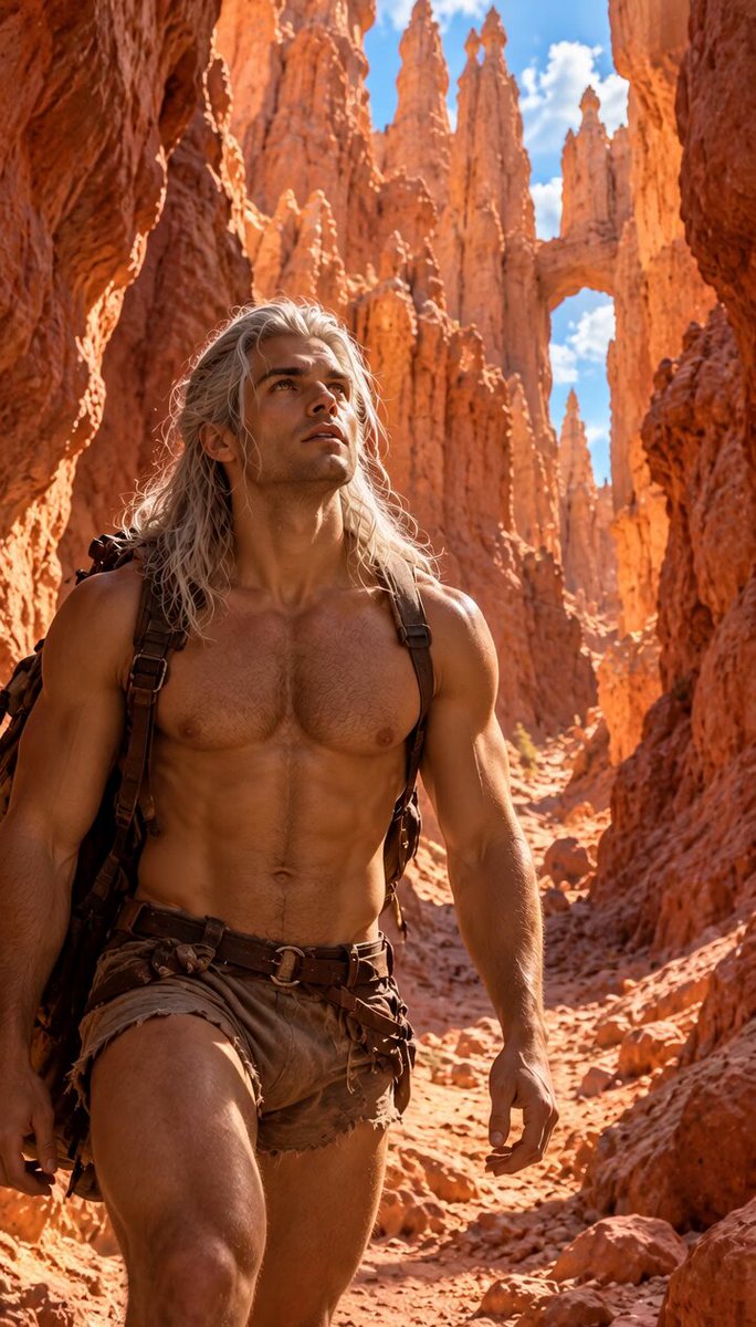 Silver-haired traveler in red canyon