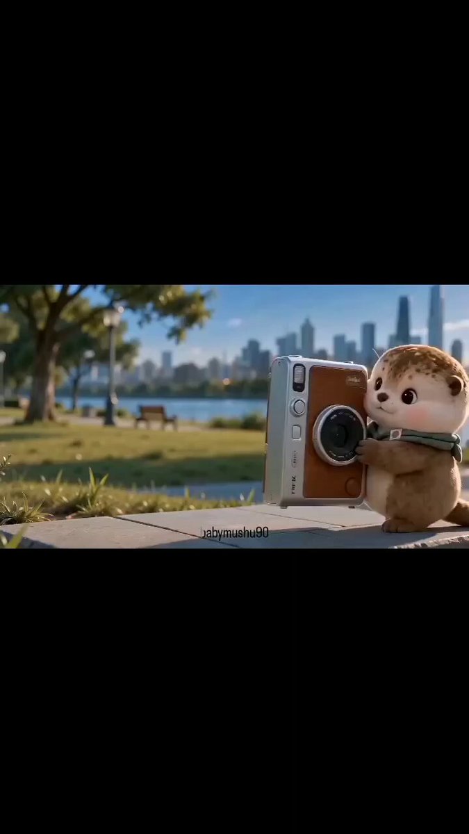 Baby otter with vintage camera