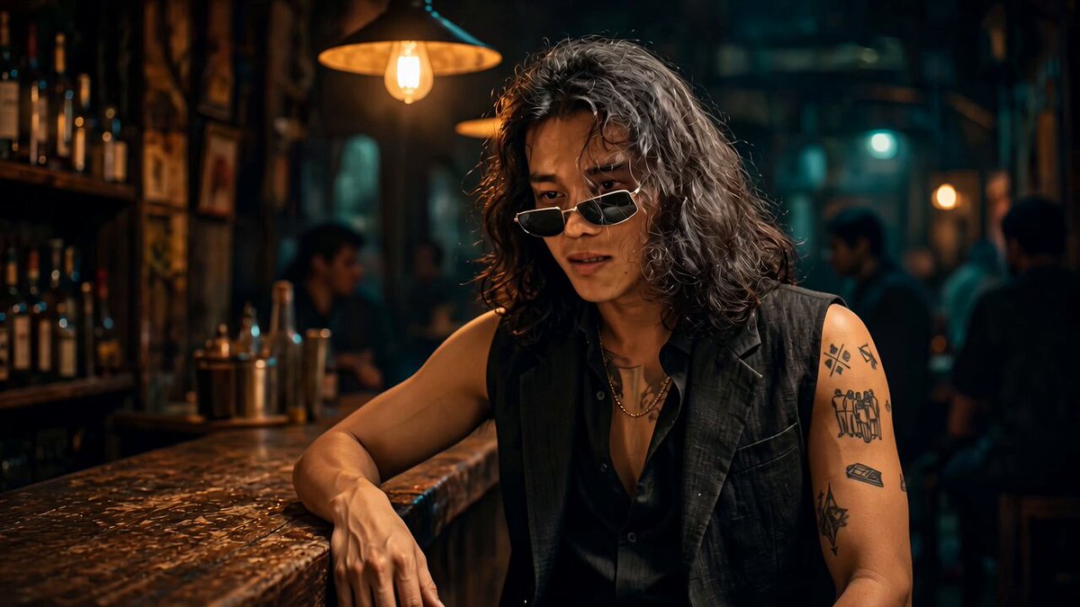 Tattooed man walks through golden bar